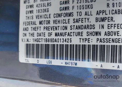 2013 Honda Accord Ex-L z USA, uszkodzony, nr VIN 1HGCT1B89DA013425